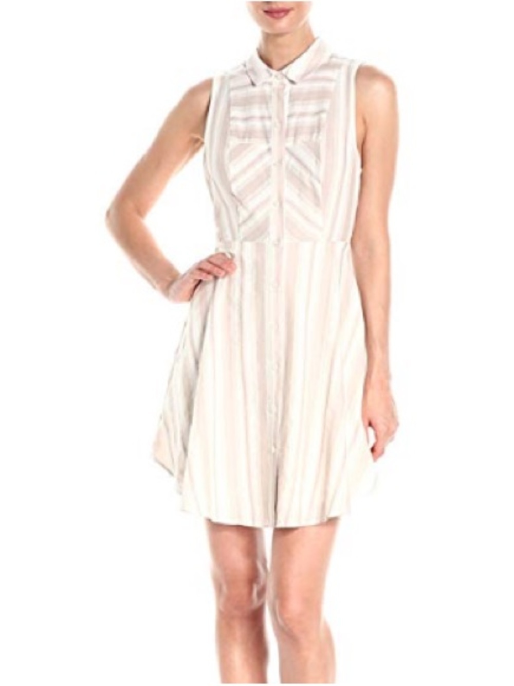 BCBGeneration Sleeveless Striped Shirt Dress in Beige and White